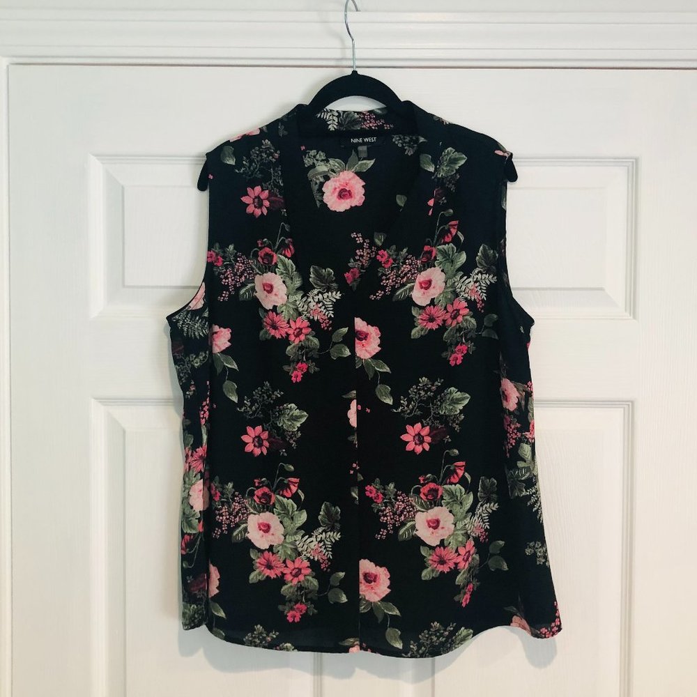 Nine West pink/green/black flowered blouse